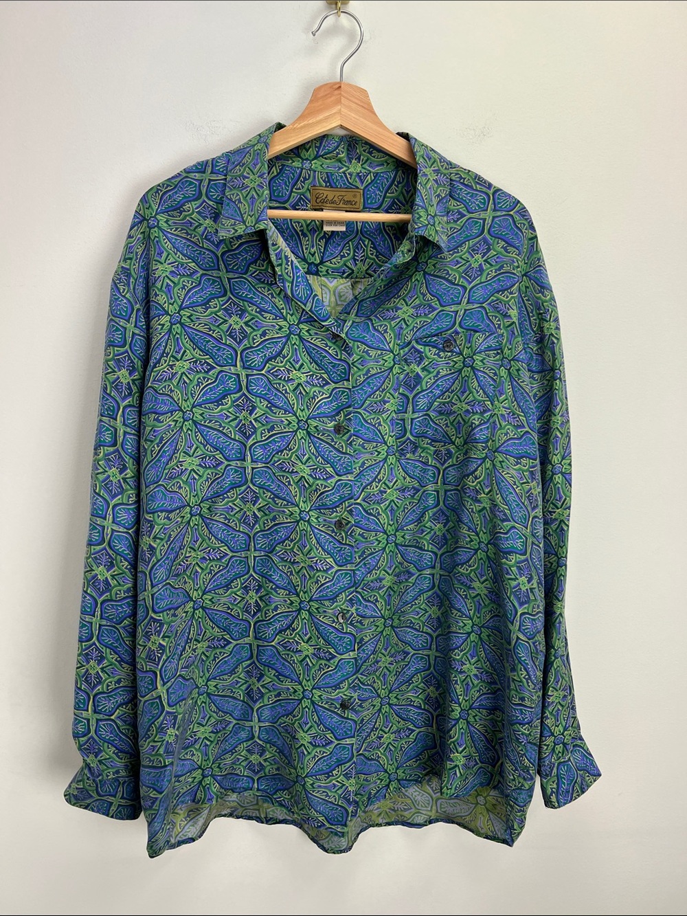 Vintage Cote de France Silk Top Green Blue Button Down Blouse Womens Large Chic